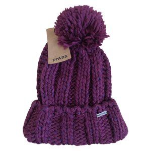 Prana Beanie Winter Hat Pom Pom Purple Snow Crystal New NWT
